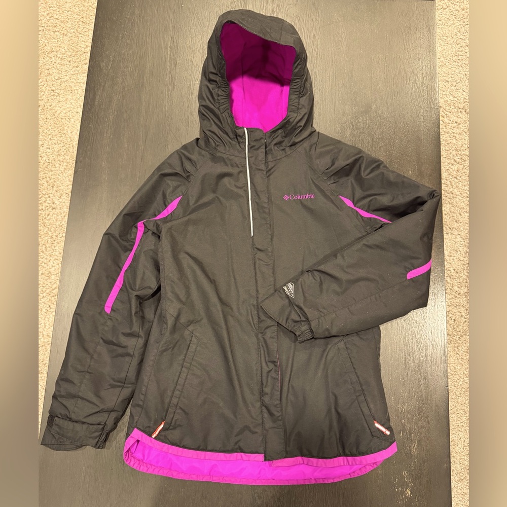 Columbia Omni Heat Kids Insulated Winter Coat with Hood - Black & Fuscia - Large